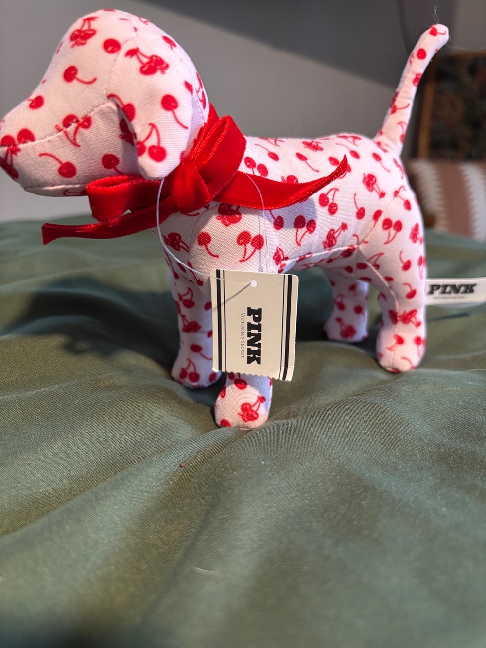 PINK Victoria's Secret White Plush Dog with Red Cherry Print and Red Bow